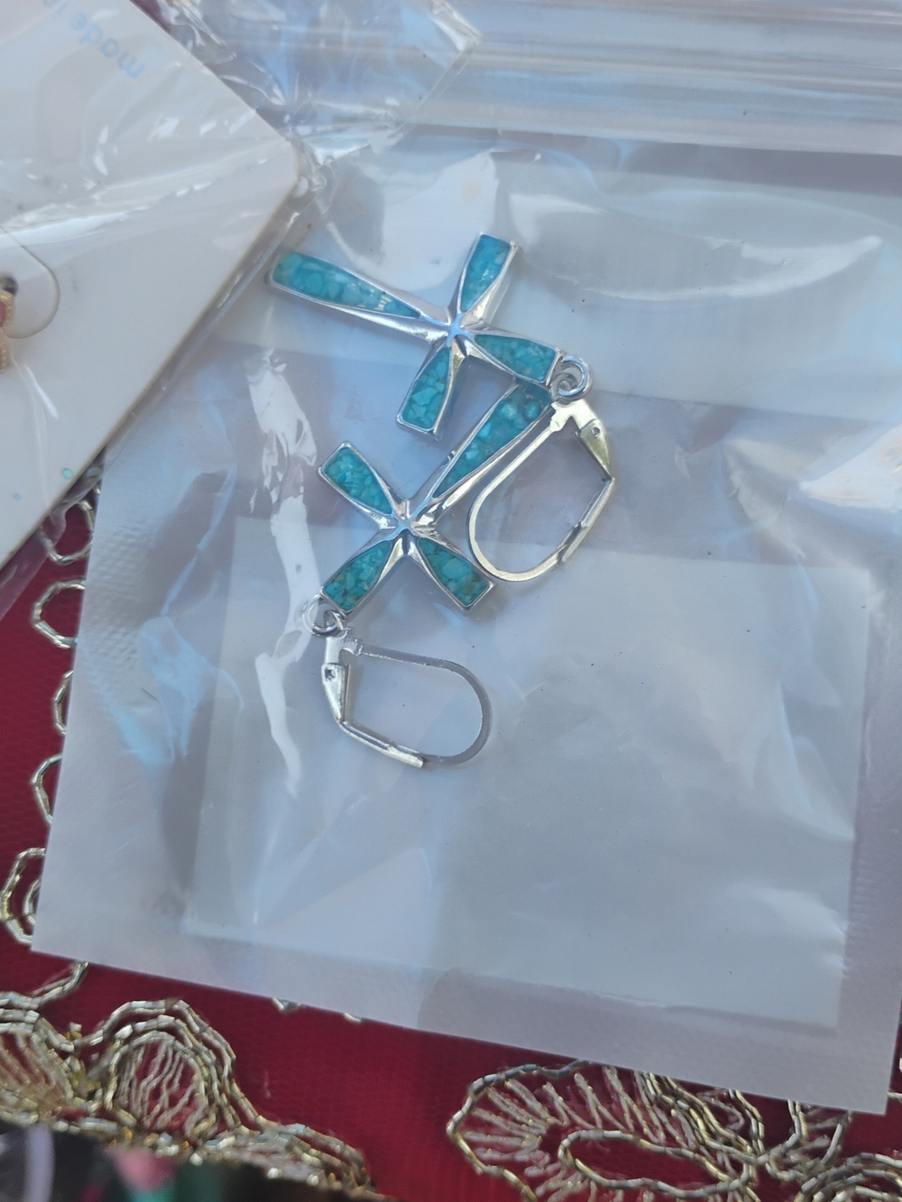 Turquoise Inlay Cross Dangle Earrings - Blue Silver Tone